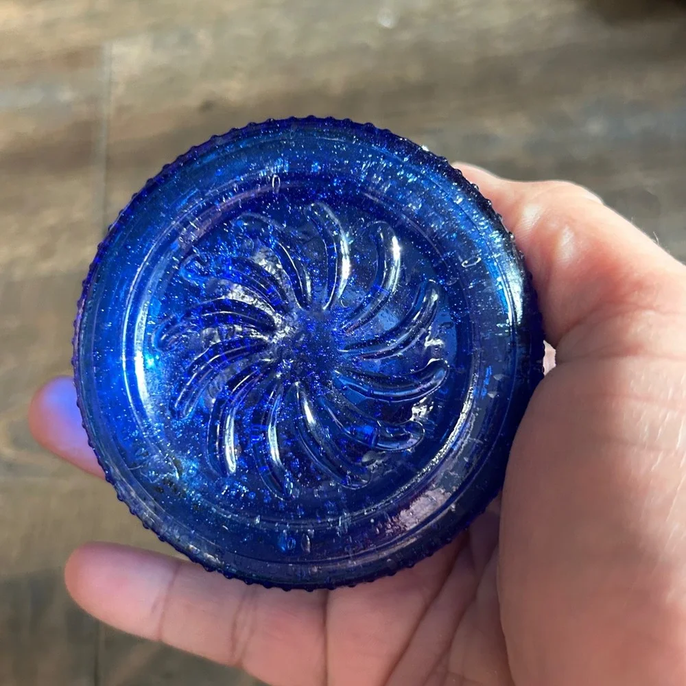 Vintage Cobalt Blue Glass Miniature Oil Lamp Hobnail Base Ruffled Chimney 6 inch